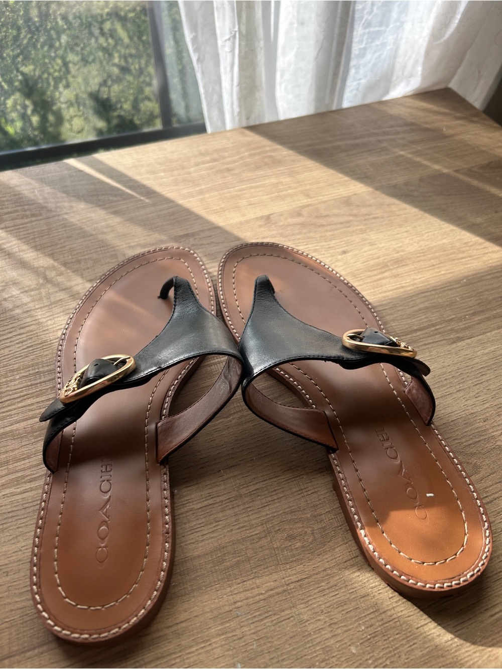 Coach Black Leather Thong Sandals with Gold Buckle Trim - Picture 3 of 5